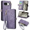 thumbnail image 1 of SaniMore for Google Pixel 8 (6.3") Case, PU Leather Embossed Lines Wristlet Zipper Cash Pocket Card Slots Magnetic Flip Stand Full Protective TPU Shell Anti-drop Business Design, Purple, 1 of 10
