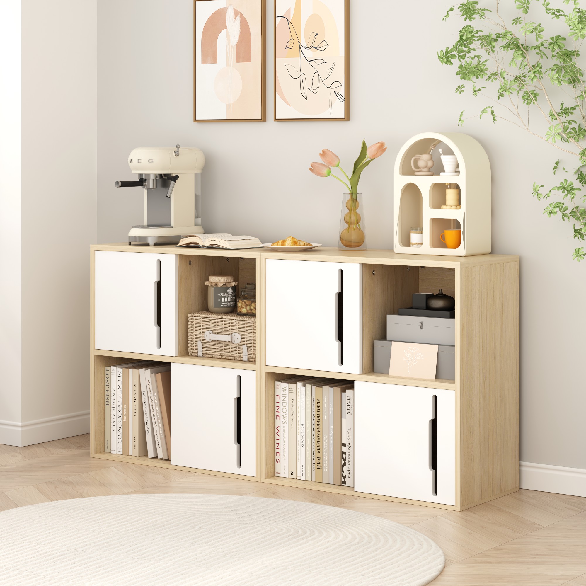 4 Cube Storage Organizer,Modern Wooden Storage Cabinet with Sliding Doors,for Living Room,Bedroom,White