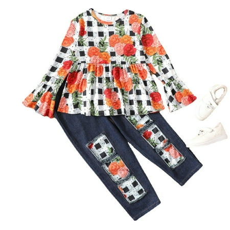 

YOYOXIU Toddler Girls Clothes 5T Infant Girl Outfit Baby 6T Fall Winter Cute Floral Shirt Tops Denim Ripped Jeans Long Pant Set Gift 2PC Stuff