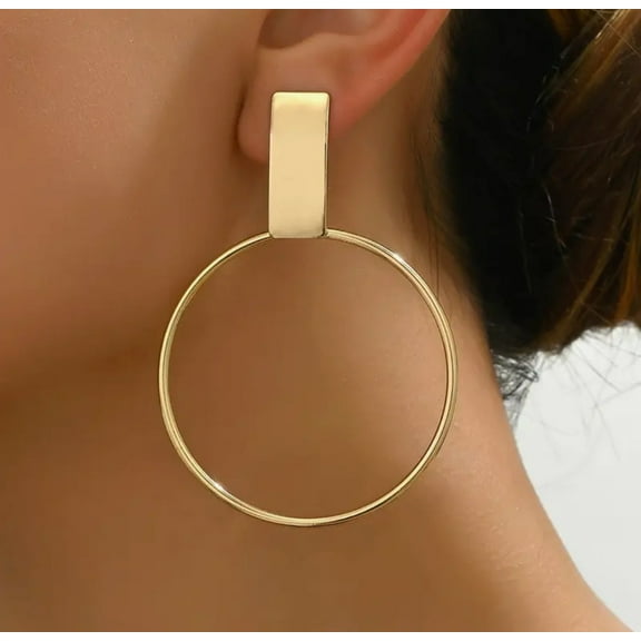 Clip on 3" shiny gold skinny square dangle hoop small clasp earrings