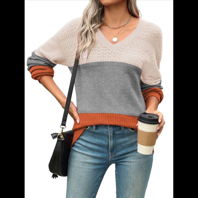 Suéter Informal de Larga con Cuello en V, Tejido Acanalado y Crochet Ligero para Mujer (Otoño 2025) Gris XXL
