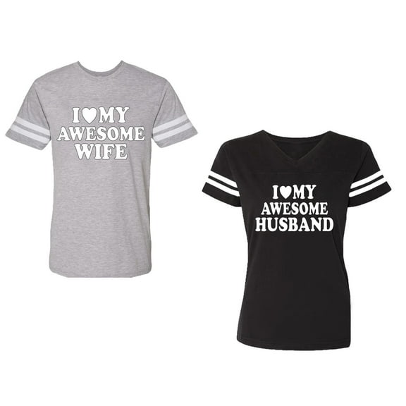 I love My Awesome Husband wife Unisex Couple Matching Cotton Jersey style T-Shirt Contrasting stripes on sleeves (Men Heather / Women Black) (Men S / Women S)