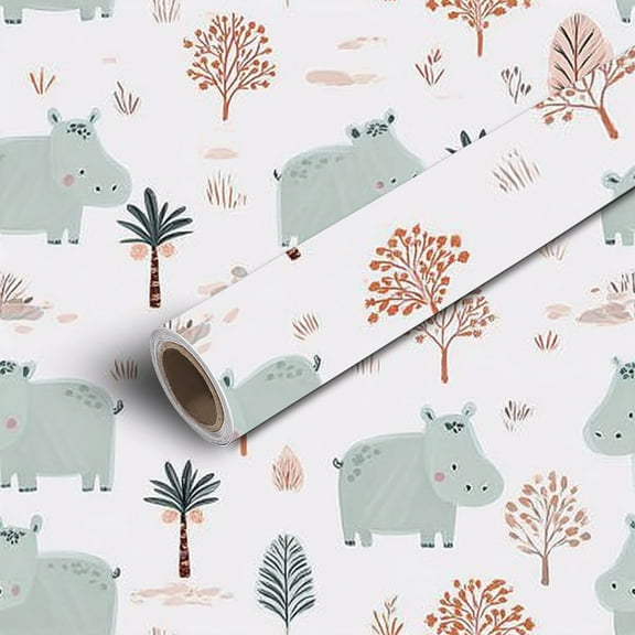Peel and Stick Wallpaper Contact Paper Cartoon animal has hippo trees flowers Simple hand Self Adhesive and Removable 17.7in x 118in