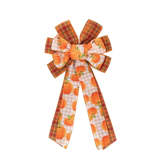 Large Fall Plaid Bow Pumpkin Leaves Bow for Fall Decor - Autumn Thanksgiving Bow for Front Door Indoor Outdoor Wall Decoration Supplies Ornaments