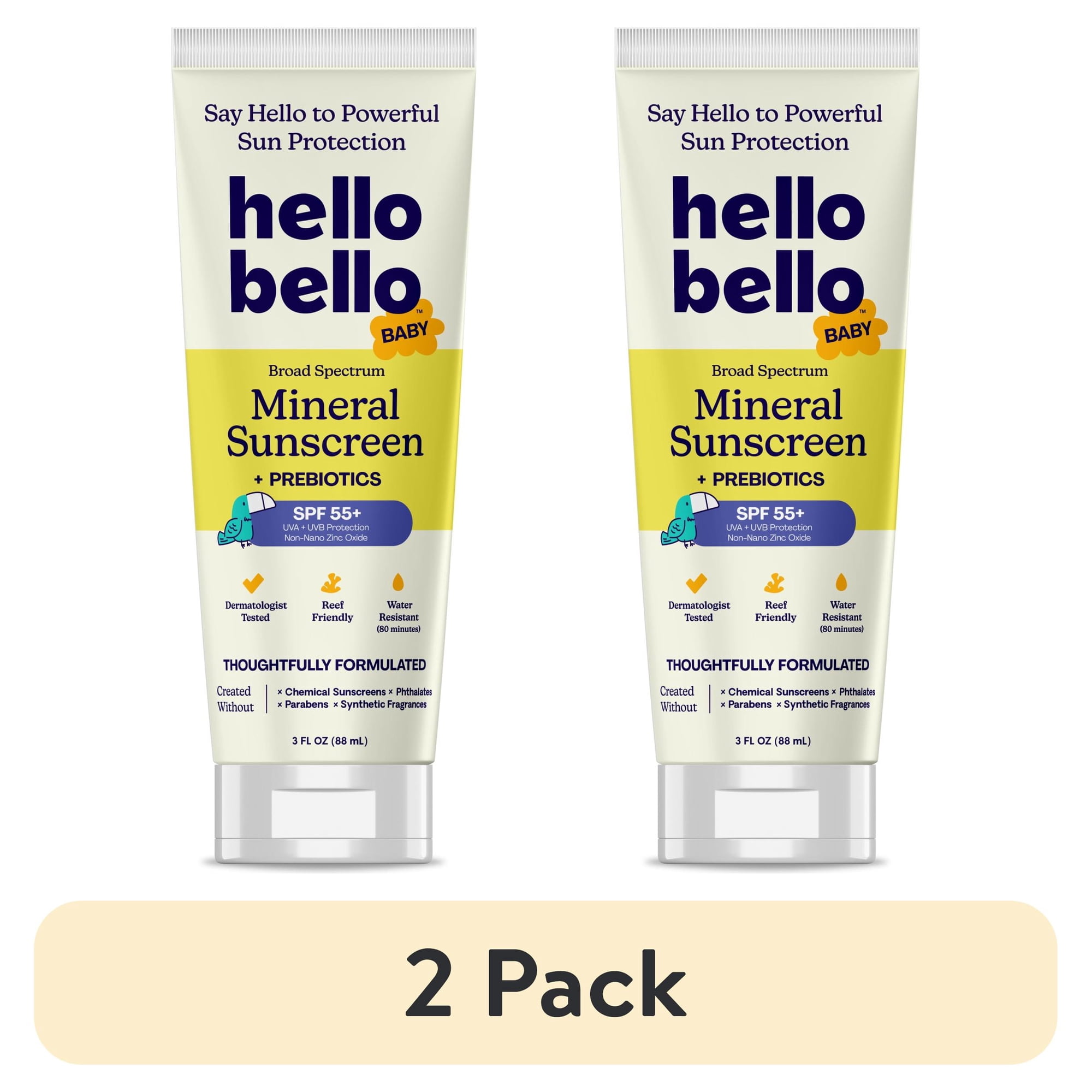 (2 pack) Hello Bello Baby Mineral SPF 55+ Sunscreen Lotion with Prebiotics for Infants, 3.0 fl oz