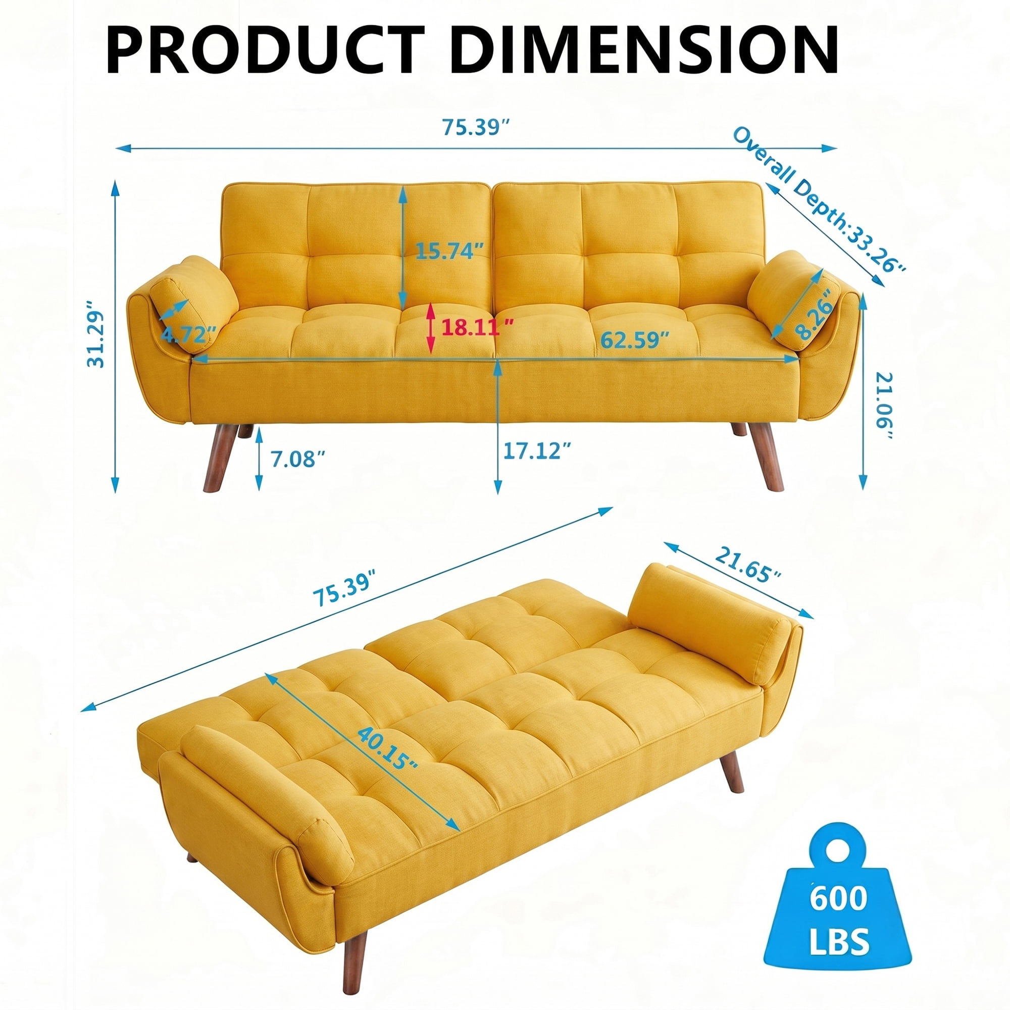Aukfa 75" Pillow Top Arm Futon Convertible Sofa Bed, Tufted Loveseat Sleeper Couch for Home Office, Linen, Yellow