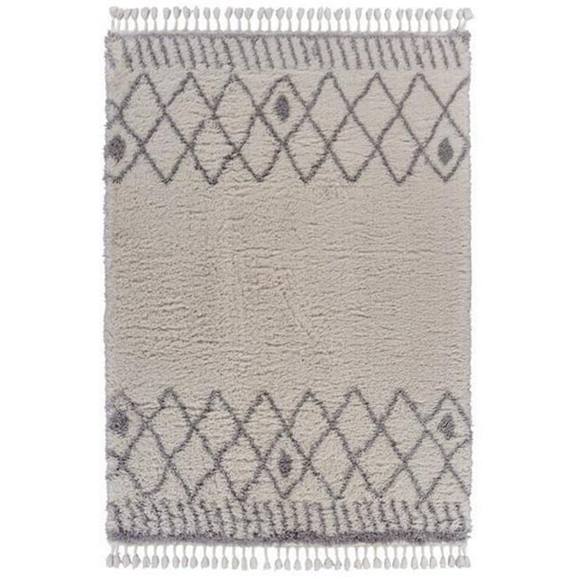 LR Resources OUTLA81525WLG5370 Geometric Fringe Rectangle Shag Rug Cream & Light Gray - 5 ft. 3 in. x 7 ft.