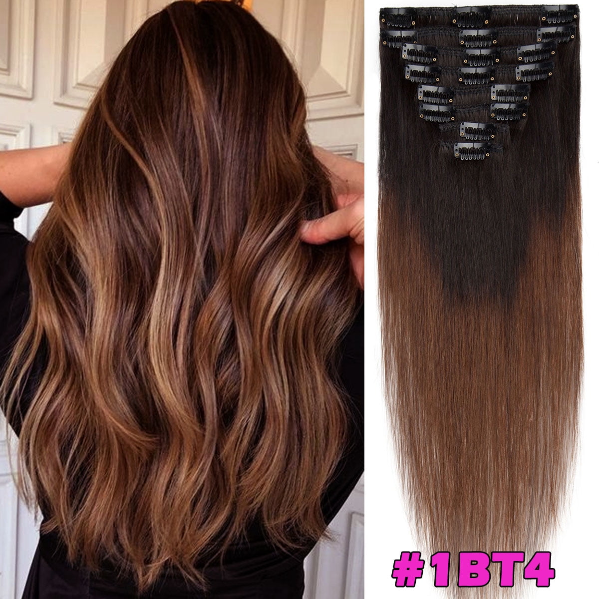 HAIRRO Clip In Human Hair Extensions, Brazilian Hair 8pcs/18Clips Dark Brown to Chestnut Brown Balayage Hair Extensions Full Head Silky Straight 100% Human Hair Clip In Extensions 8Inch-24inch