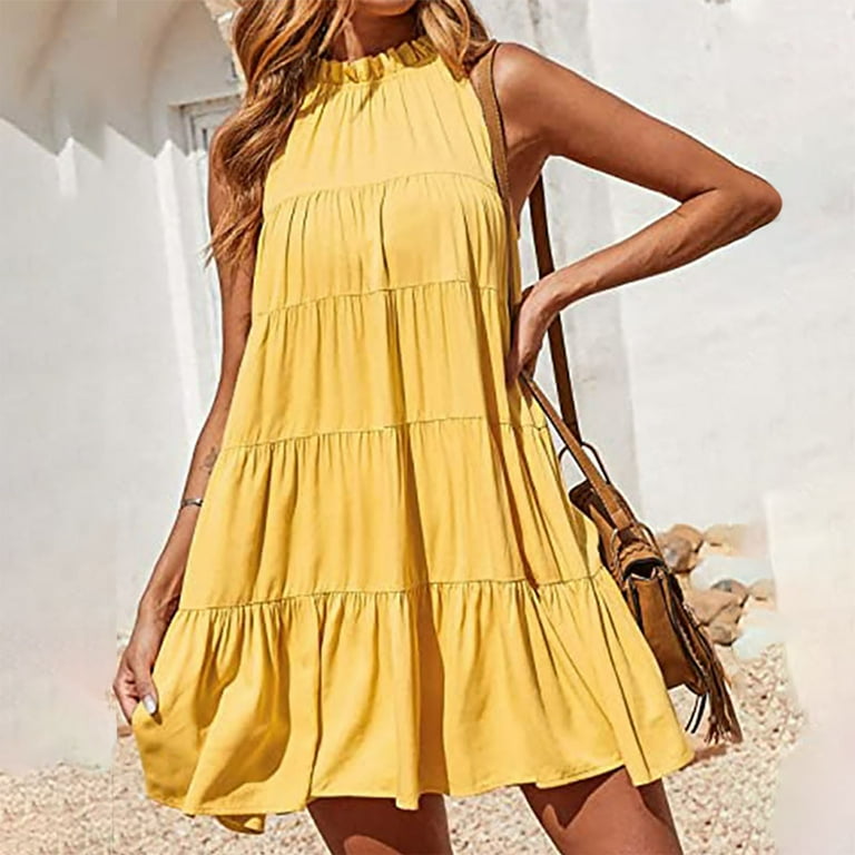 Women's Summer Casual Dress Ruffle Tiered Flowy Short Dress Sleeveless  Loose Swing Pleated Boho Mini Sundress - Walmart.com