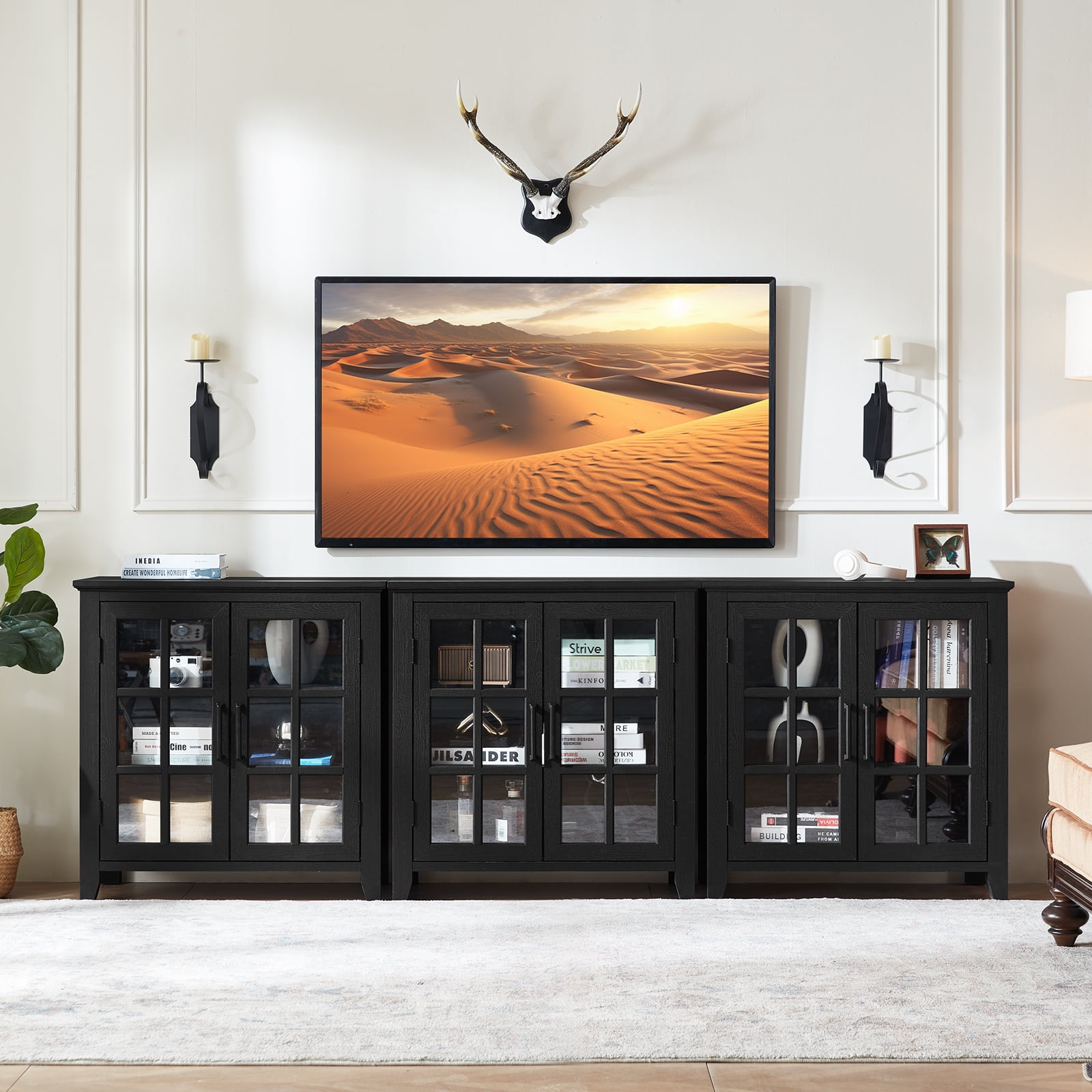 Joaxswe Buffet Storage Cabinet with Tempered Glass Doors, 31.5" Kitchen Cabinet with Adjustable Shelves, Black