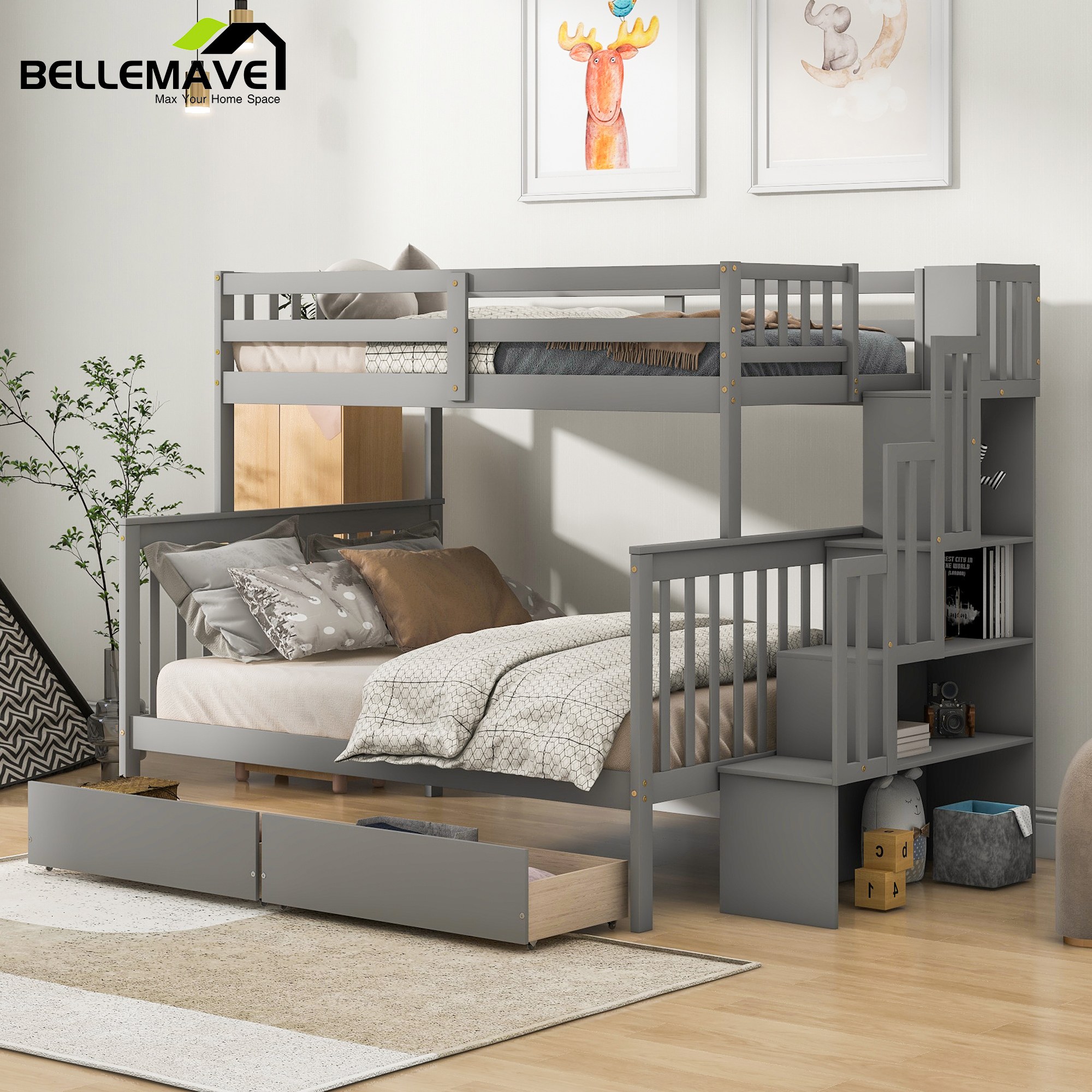 Bellemave Twin over Full Gray Wood Bunk Bed with 2 Drawers and