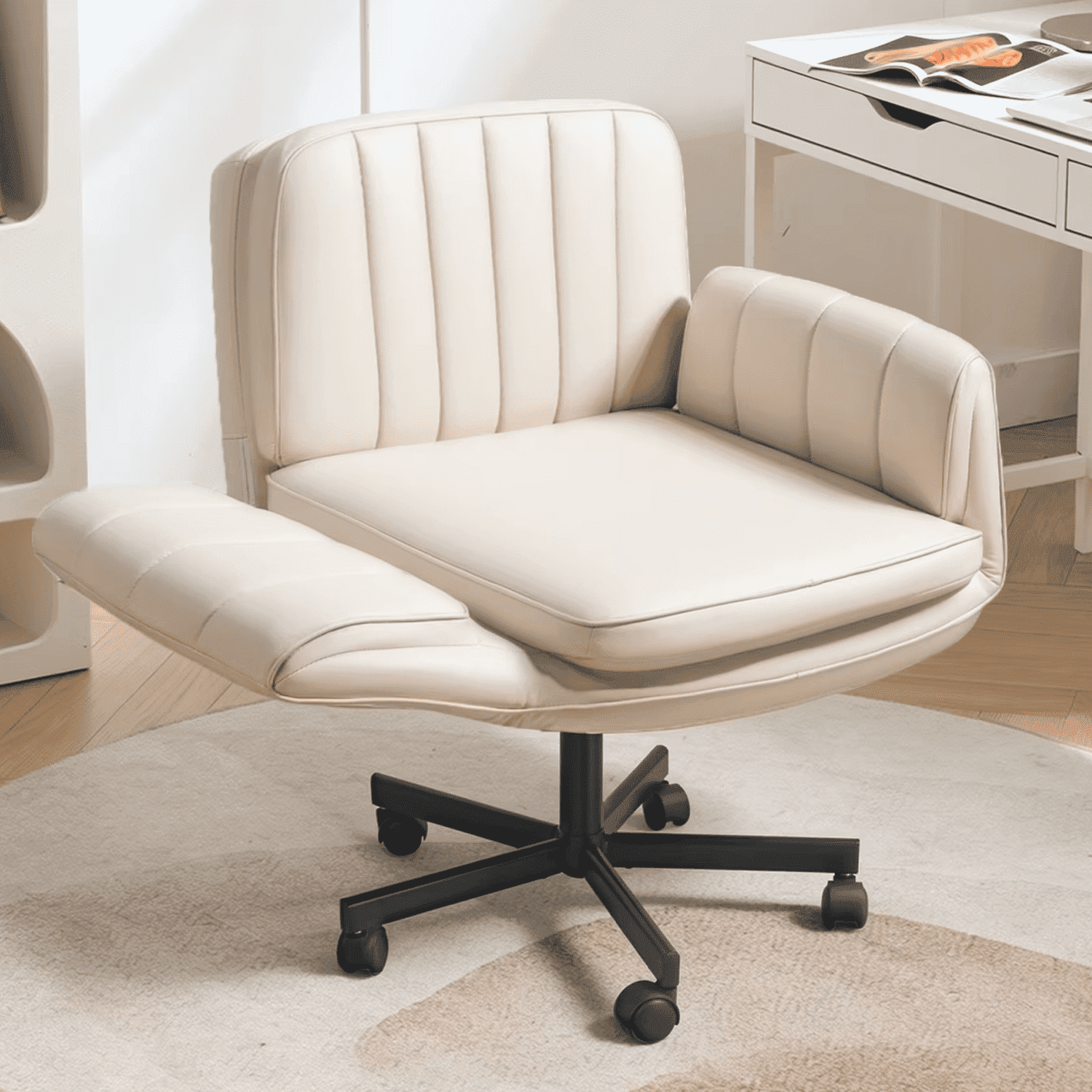 BOSSIN Biege Criss Cross Chair with Armrests & Wheels,Foldable Armrest PU Leather Vanity Chair – Thickened Swivel Office Desk Chair for Home, Makeup Room & Bedroom
