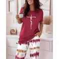 thumbnail image 3 of ChicMe Pajamas for Womens Letter Print Round Neck Short Sleeve Tops and Tie Dye Elastic Waist Pants Loose Fit Casual Loungewear Set Wine Red-xl, 3 of 6