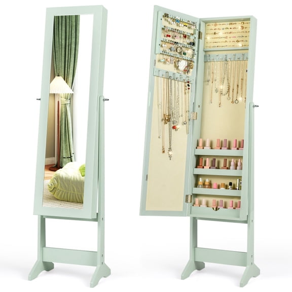 Furnibear Mirrored Standing Jewelry Cabinet, Jewelry Armoire Organizer Storage Box with Mirror, Green