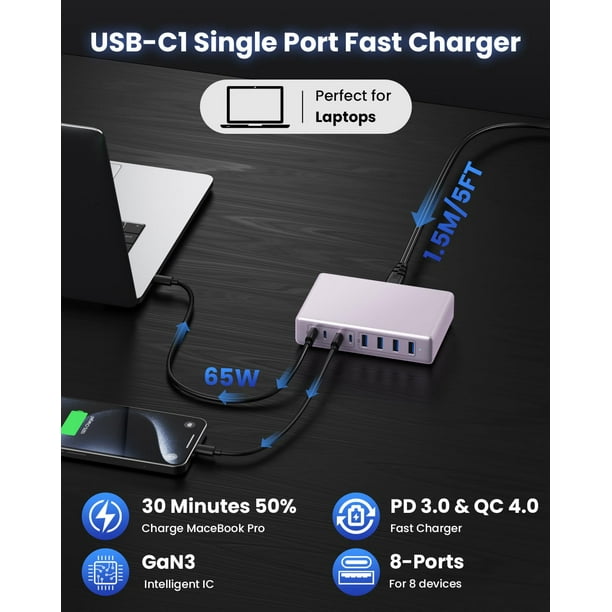 Bloque De Cargador USB C De 200 W, 8 En 1 GaN III USB C Hub