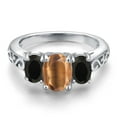 thumbnail image 3 of Gem Stone King 925 Sterling Silver Brown Tiger Eye and Black Onyx Filigree Style 3 Stone Ring for Women (2.05 Cttw, Oval 8X6MM and 6X4MM, Size 6) (Size 6), 3 of 6