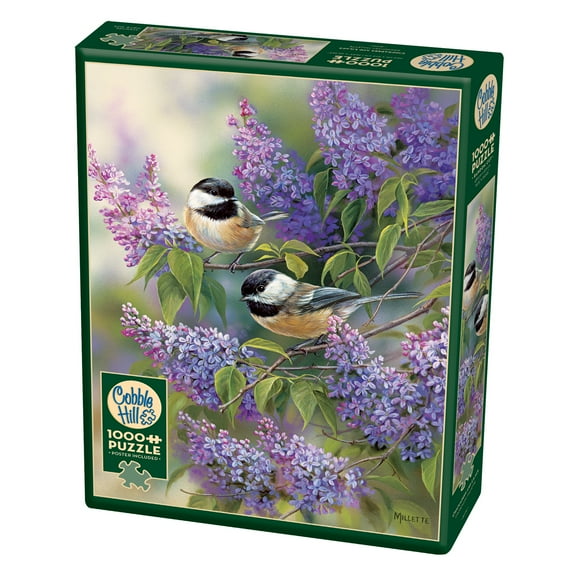Cobble Hill 1,000 piece puzzle - Chickadees and Lilacs - reference poster included