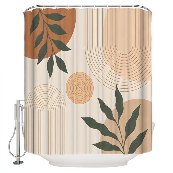 Bohemian Bathroom Shower Curtains with 12 Hooks Polyester Waterproof Shower Curtain for Stalls and Bathtubs Abstract Boho Circle Striped Leaves Beige Decorative Bathroom Privacy Curtain 54x78 Inches