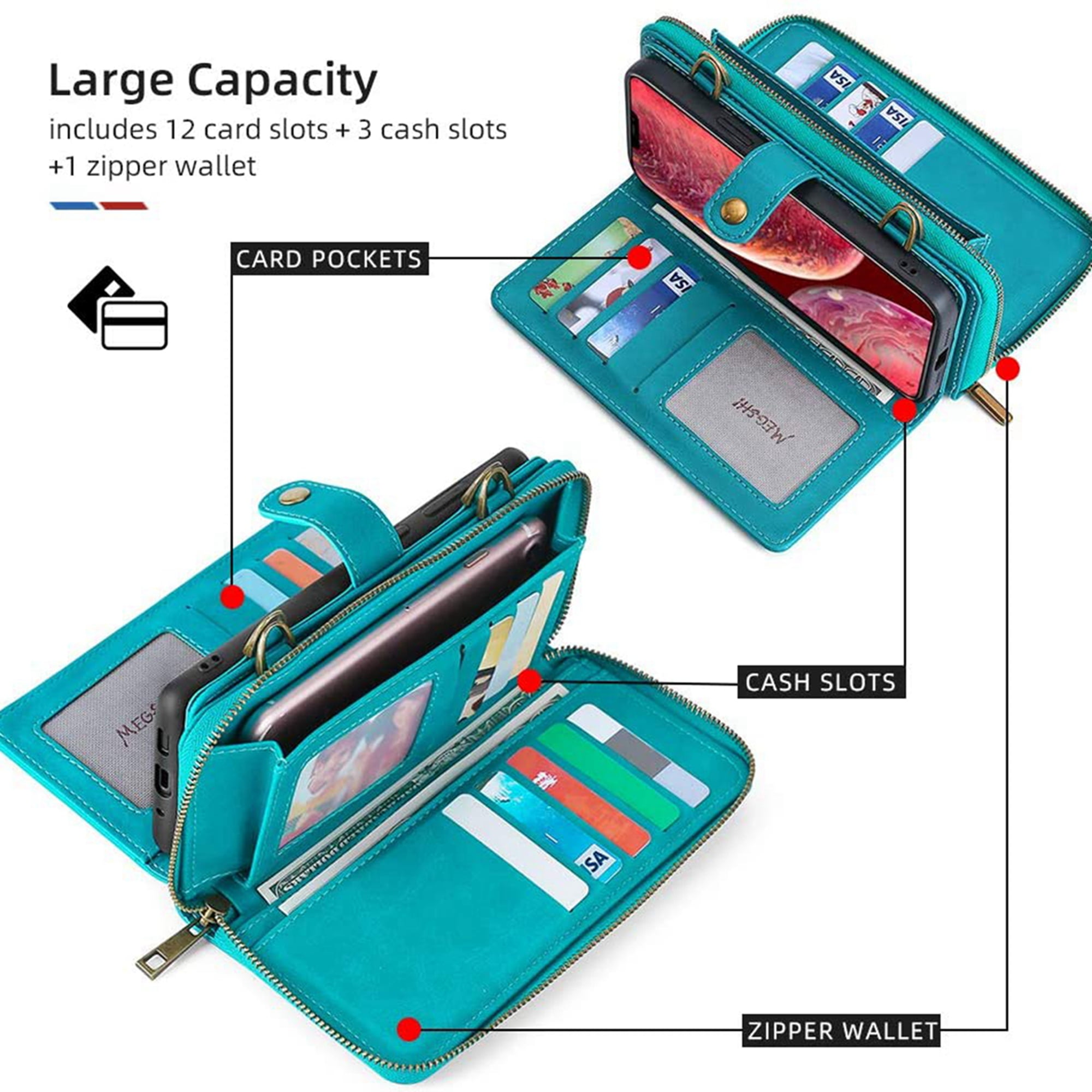Dteck Wallet Case for iPhone 12 Pro / iPhone 12 6.1-inch, 2 in 1 Magnetic Detachable Wallet Purse [Crossbody Chain] Durable PU Leather Zipper Handbag Folio Flip Card Slot Protection Back Cover, Blue