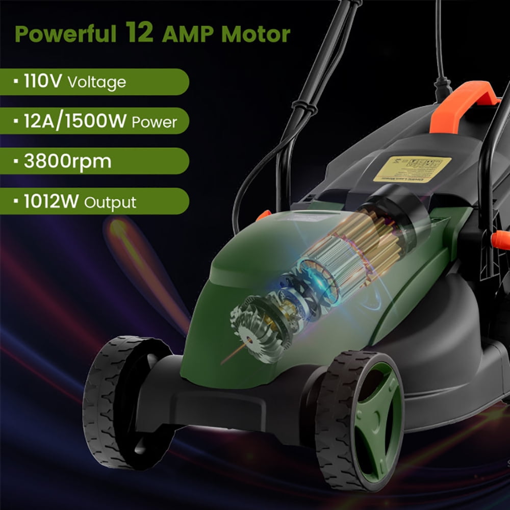YYAo 12-AMP 13.5 Inch Adjustable Electric Corded Lawn Mower with Collection Box-Green