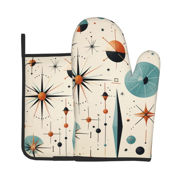 Star Retro Mid Century Vintage Atomic Art 2Pcs Oven Mitts and Pot Holders Set Kitchen Glove & Trivet Hot Pads for Cooking Baking BBQ Grilling