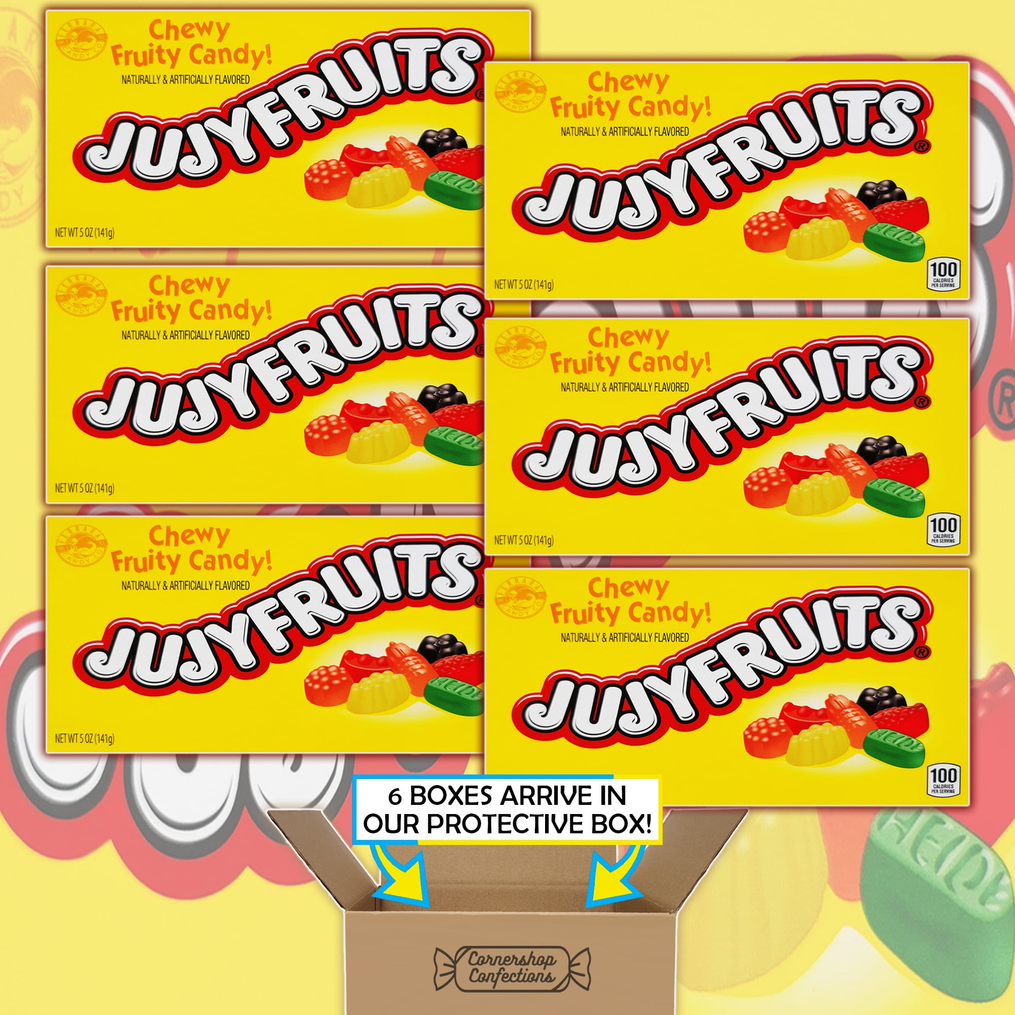 Jujyfruits Movie Theater Box Candy Bundle Pack - 6 Individually Sealed 5 Ounce Boxes - Chewy Fruity Candy - 5 Fruity Flavors, Lime, Raspberry, Lemon, Orange, Anise in Cornershop Confections Pack