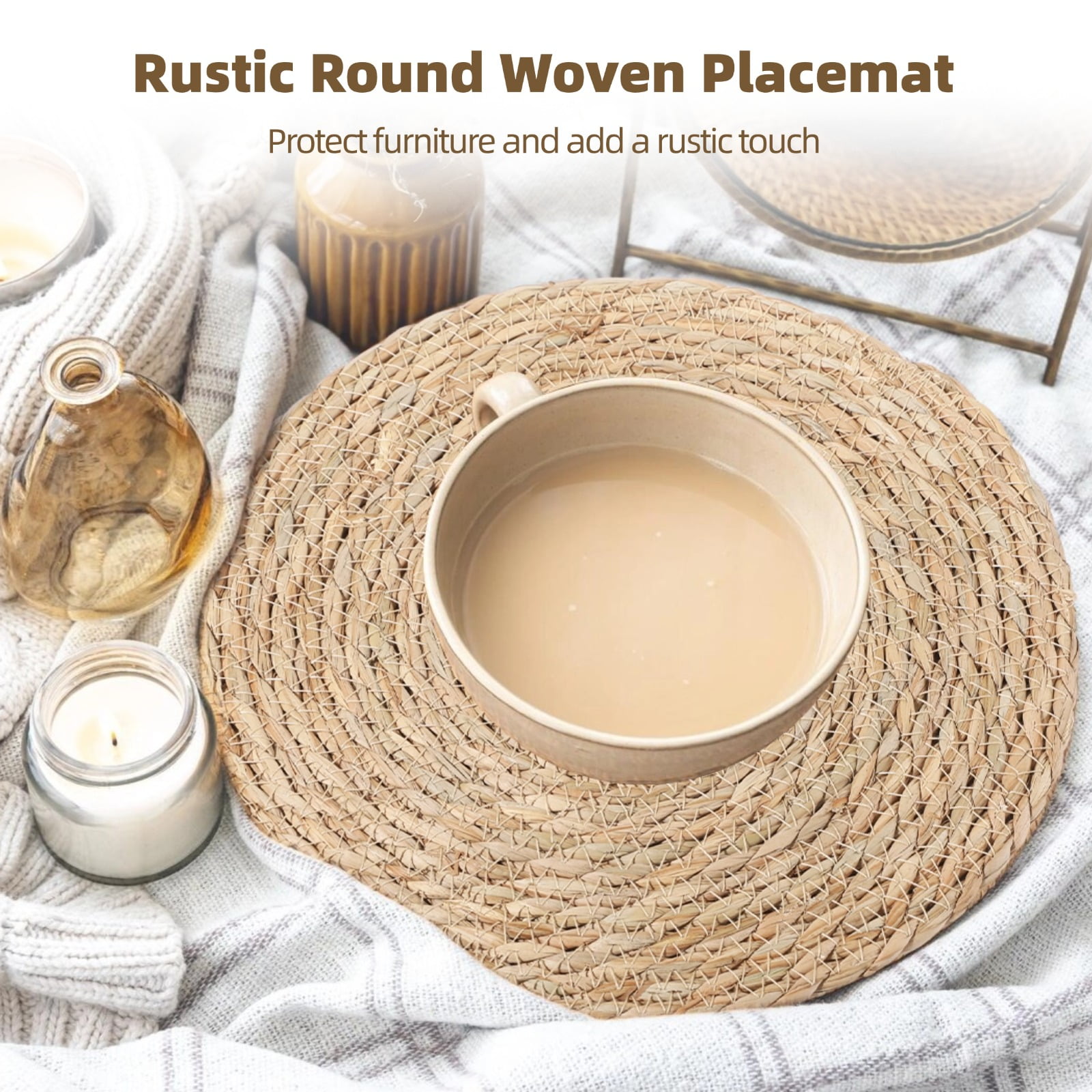 12 Pack Round Woven Placemats - 12 Inch Natural Grass Table Mats | Circle Rattan Table Place Mat for Heat Resistant Protection, Rustic Farmhouse Dining Decor