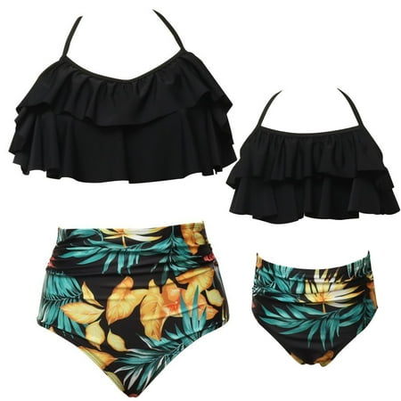 

URMAGIC Mommy and Me Matching 2-Piece Bikini Set Girls Women Halter Ruffle Falbala Bathing Suit/Black Leaf