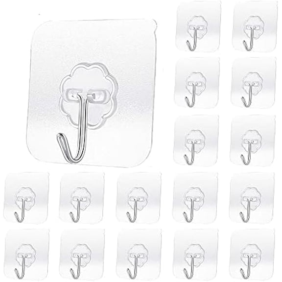 20 Pack Transparent Adhesive Hooks 30 lb(Max), Waterproof and Oilproof Reusable Seamless Hooks, Heavy Duty Wall Hook for Kitchen Bathroom Office - Heavy Duty Wall Hangers Without Nails