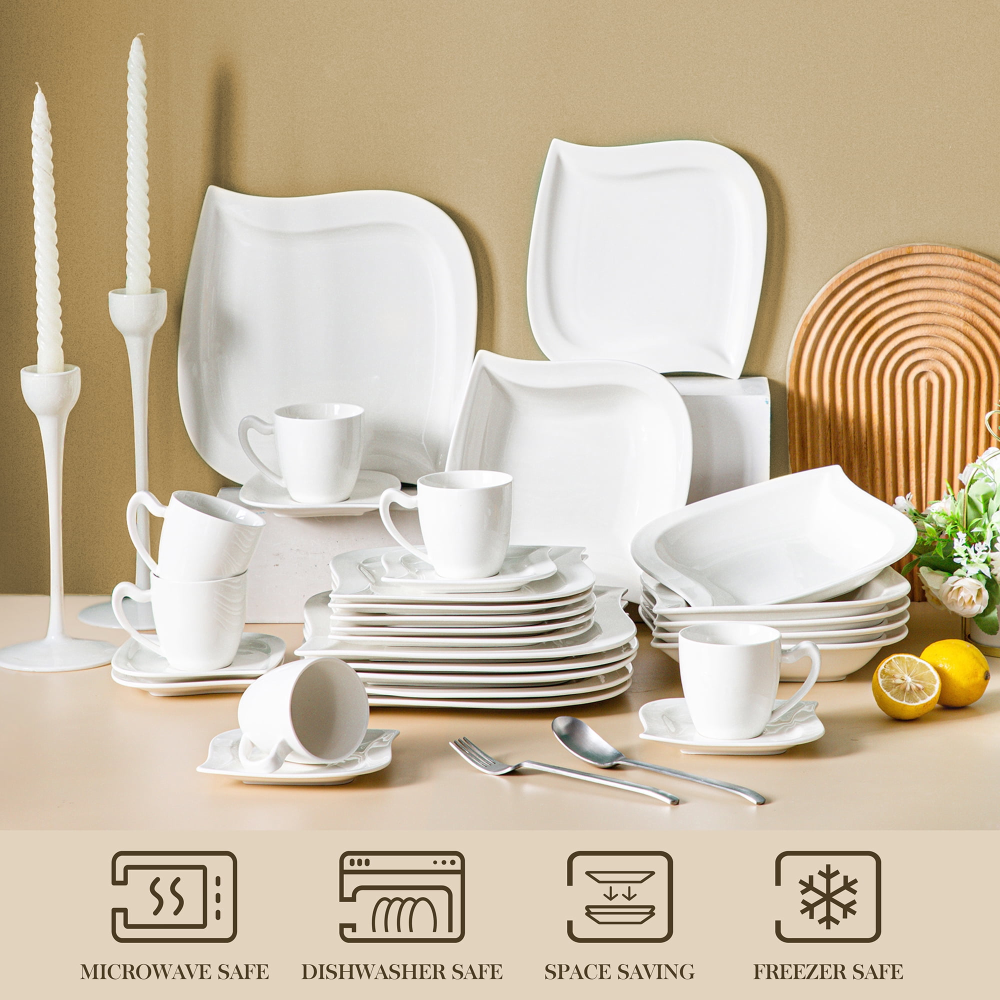 MALACASA, Série Elvira, 60pcs Service de Table Porcelaine Marbre