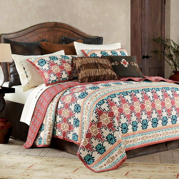 H HIEND ACCENTS Paseo Road Phoenix 3 Piece Quilt Set with Pillow Shams, Super Queen Size, Cotton Reversible Luxury Bedding, Aztec Southwestern Rustic Style Bed Set, 1 Quilt and 2 Pillowcases