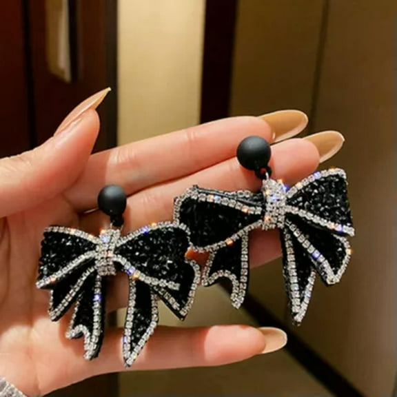 GKNET 2024 Fashion Crystal Zircon Black Earrings Drop Dangle Charm Women Party Jewelry-Crystal Bow