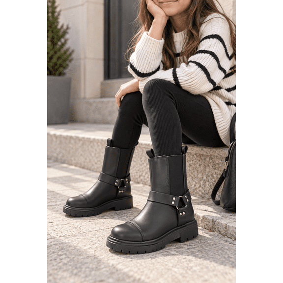 Girls Black Mid Calf Moto Boots Size 2 Side Zipper Chunky Lug Sole