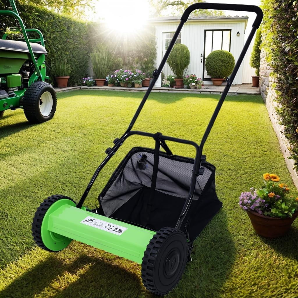 Elleree 14 inch 5-Blade Manual Push Reel Lawn Mower with Grass Catcher & Adjustable Cutting Height for Courtyards Yard & Garden Grass Cutting