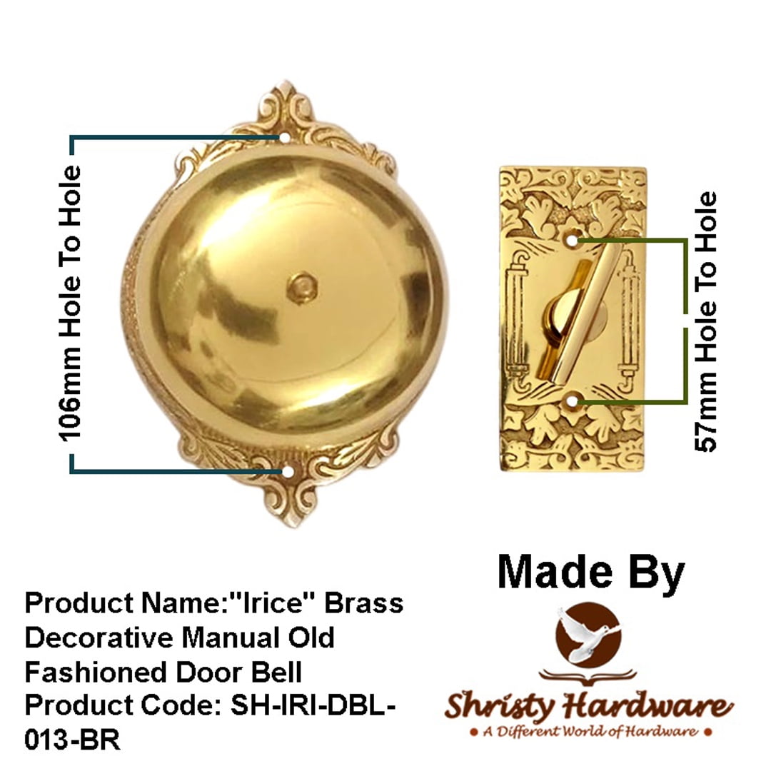 Shristy Hardware "Irice" Brass Manual Old Fashioned Door Bell – Vintage Twist Bell with Key Plate – Mechanical Doorbell for Home – PT-2 (Pack of 1 Polished Lacquered Finish)