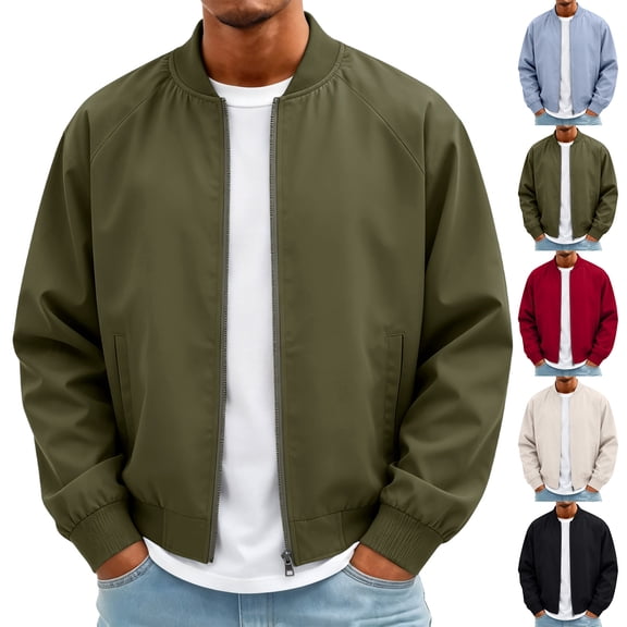 Mens Bomber Jacket Lightweight Zip Up Flight Jacket Ribbed Collar Windbreaker Casual Coats Spring Fall Outerwear Army Green 4XL