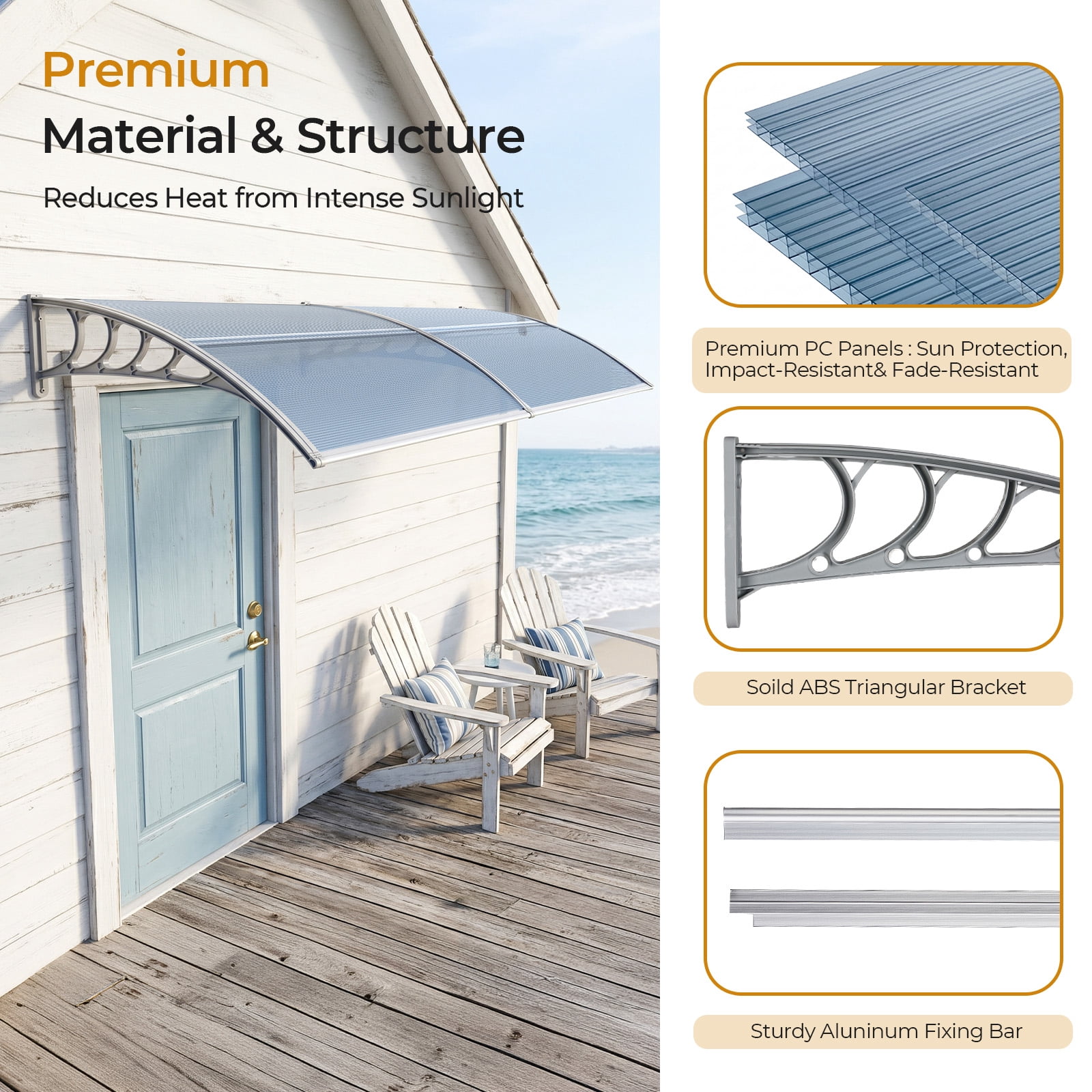 Clear Polycarbonate Door Window Awning, All Weather Rain UV Snow Protection Canopy with PP Bracket & Aluminum Reinforced Bar for Entryway AC Unit Patio Porch