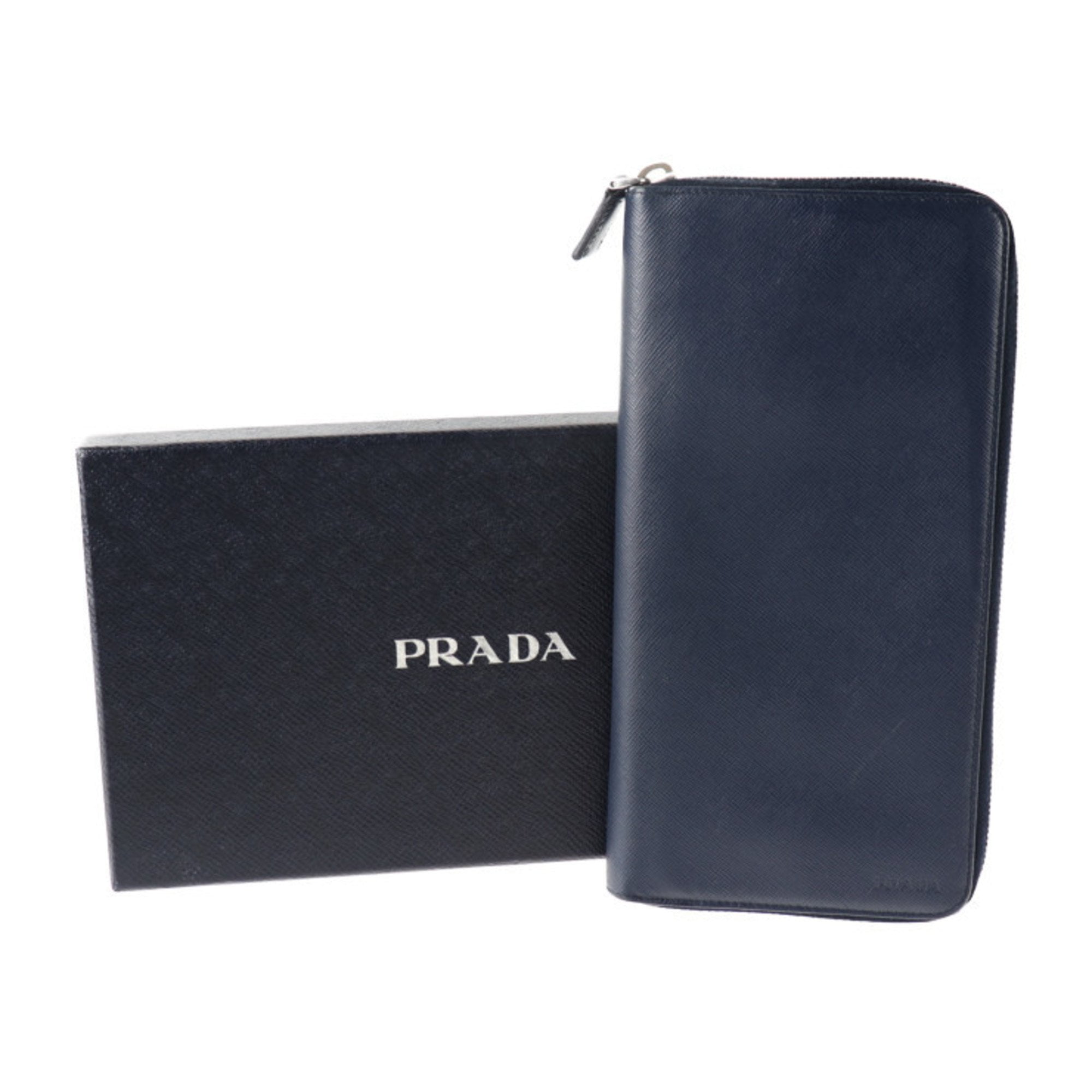 Pre-Owned PRADA Prada Travel Case Saffiano Folio Wallet 2M1220 Leather  BALTICO Navy Series Round Zipper Long (Good)