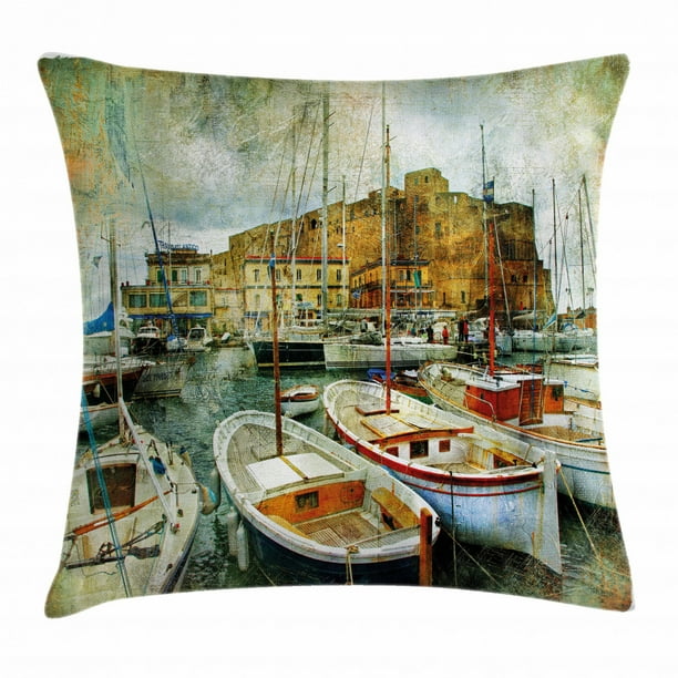 Marine Throw Pillow Cushion Cover, Naples Small Boats at Historical