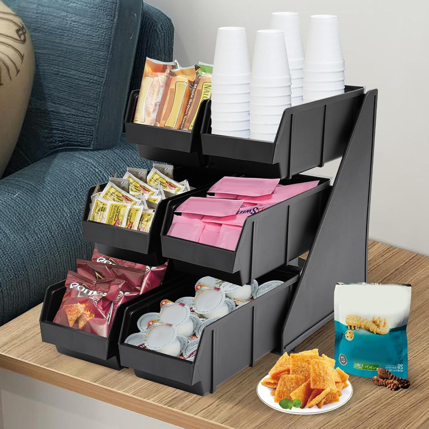6 Compartment Serve Condiment Bin, 3-Tier Self Serve Condiment Bin Stand, Plastic Containers Storage Bins, Countertop Condiment Organizer for Coffee Shops Restaurants Bars