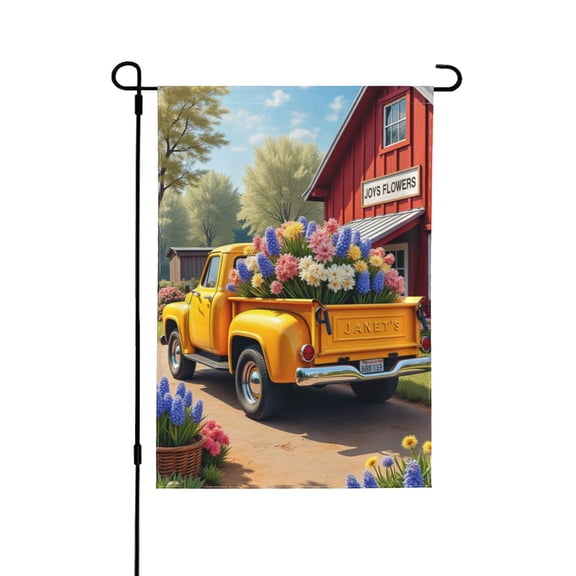 Spring Summer Floral Truck Garden Flag Double Sided 12x18 Inch Farmhouse Flower Truck Yard Flag Outdoor Decoration Seasonal Welcome Banner