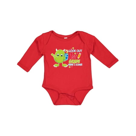 

Inktastic Look out 1st Grade Here I Come with Cute Green Monster Boys or Girls Long Sleeve Baby Bodysuit