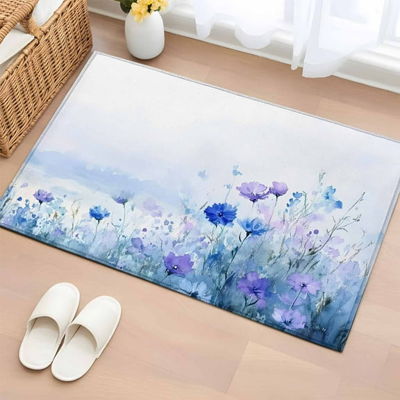 Blue Flower Bathroom Rug Washable 2x3 Entryway Rug Non Slip Modern Pastoral Watercolor Oil Painting Front Door Mat Low Pile Indoor Doormat Throw Floor Carpet for Kitchen Bedroom Entrance