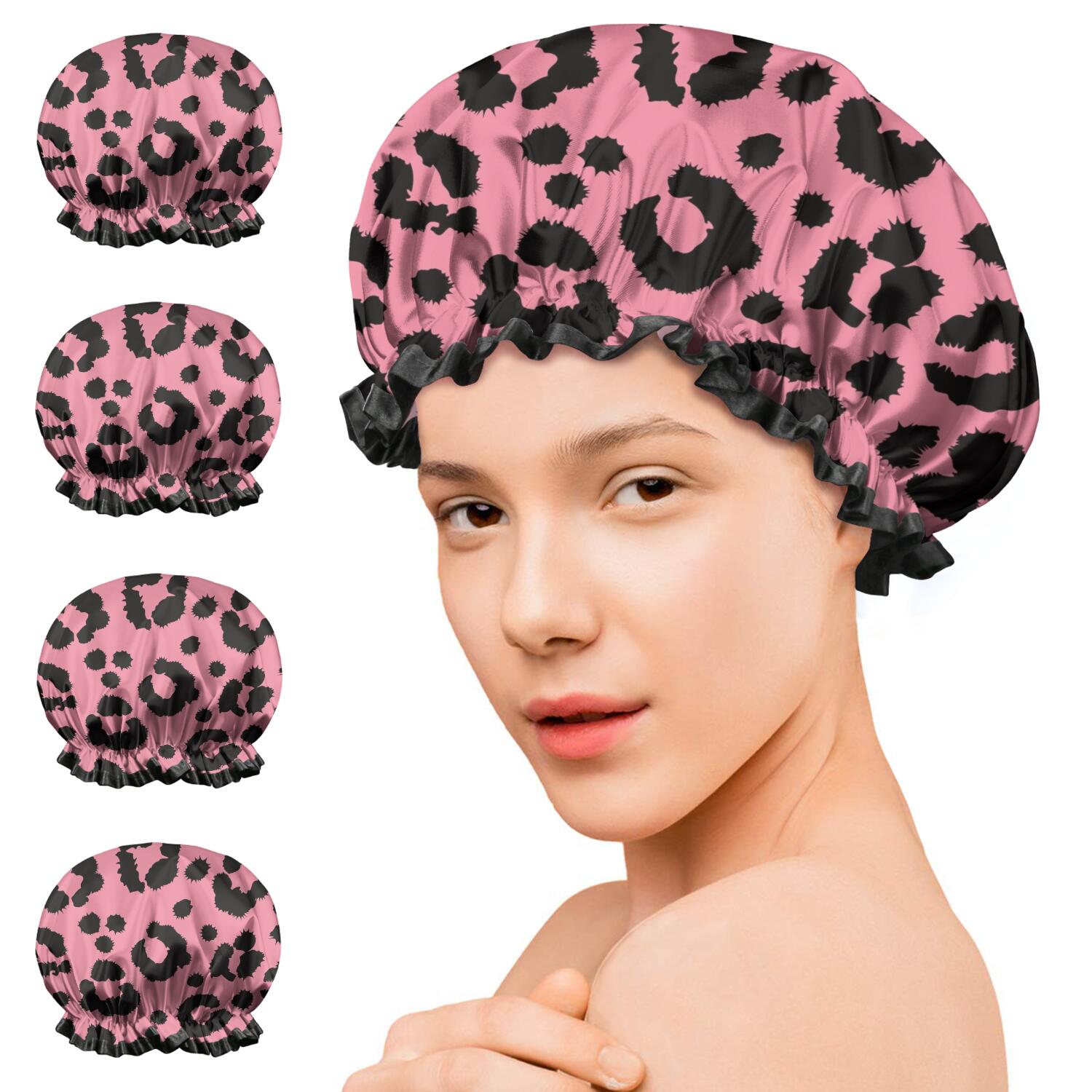 Shower Caps,Pink and Black Of Leopard Print Waterproof Shower Cap for Women 4 Pieces,Double Reusable Hair Cover for Shower PEVA Elastic Stretch Hem