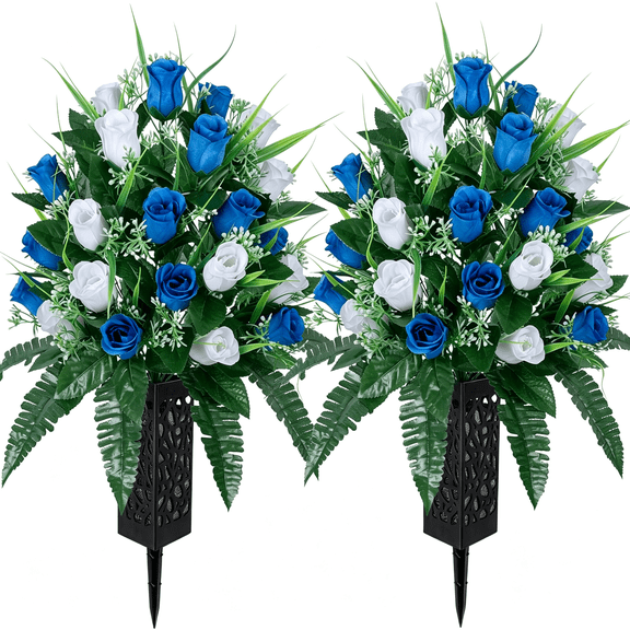 BZCOE 2 Sets Artificial Cemetery Flowers,Outdoor Grave Decorations Roses,Beautiful Arrangements Bouquet with Cemetery Vase,Lasting and Non-Bleed Colors(White Dark Blue)