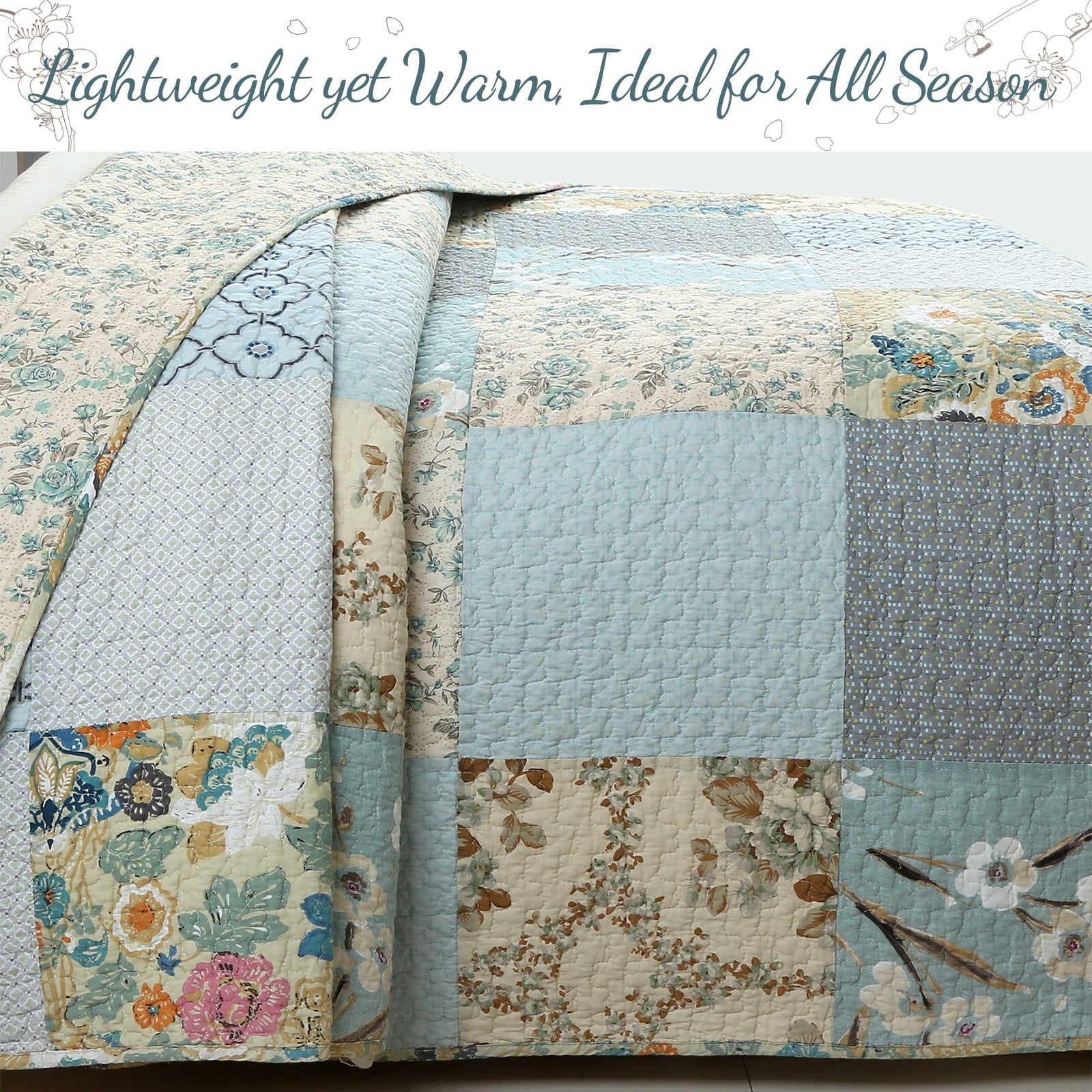 Sky Blue Floral Patens Ogee Patchwork Cotton King 3 Piece Quilt Bedding Set