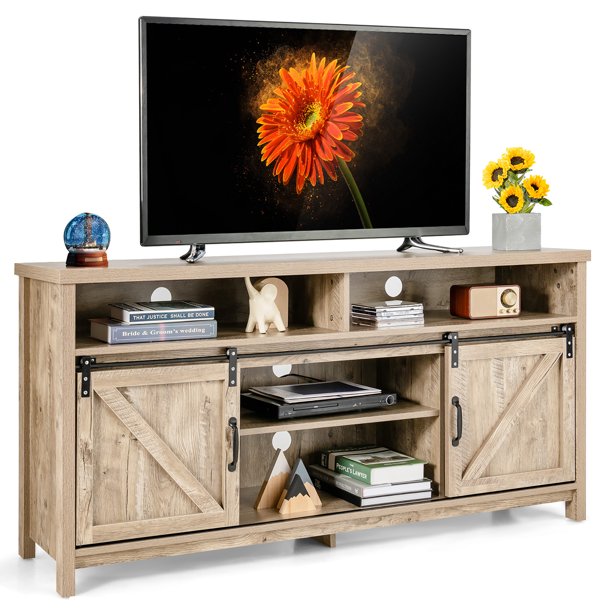 Costway 59'' Farmhouse Sliding Double Barn Door TV Stand Console for