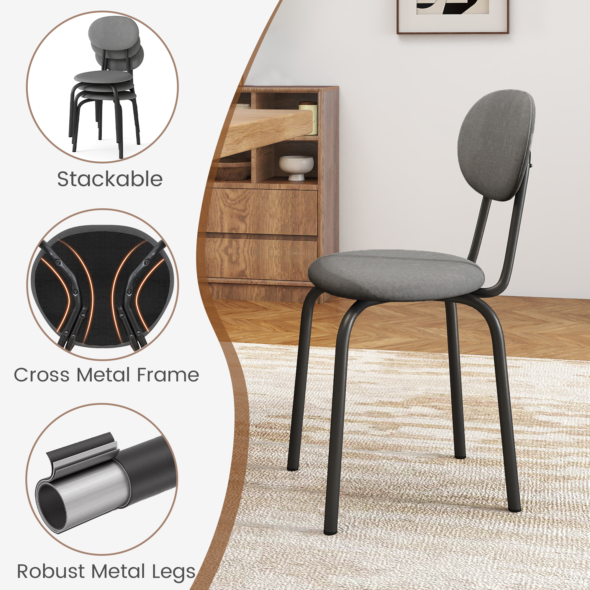 Melocadol Stackable Dining Chairs Set of 4, Modern Upholstered Dining Chairs with Comfortable Padded Seating, Steel Frame with 400 Lb. Capacity, Space Saving, for Kitchen, Dining Room, Grey