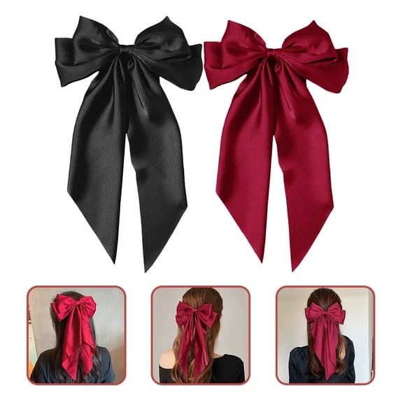 MEIBUTYUP 2Pcs Long Tail Ribbon Hair Bow Clips Elegant Black Bow Hairpins for Women