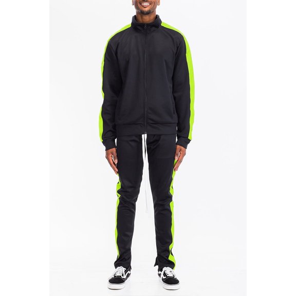Men's Adult Matching 2 Pieces Track Suit Zippered Jacket and Track Pant, Side Stripe, Regular Slim Fit